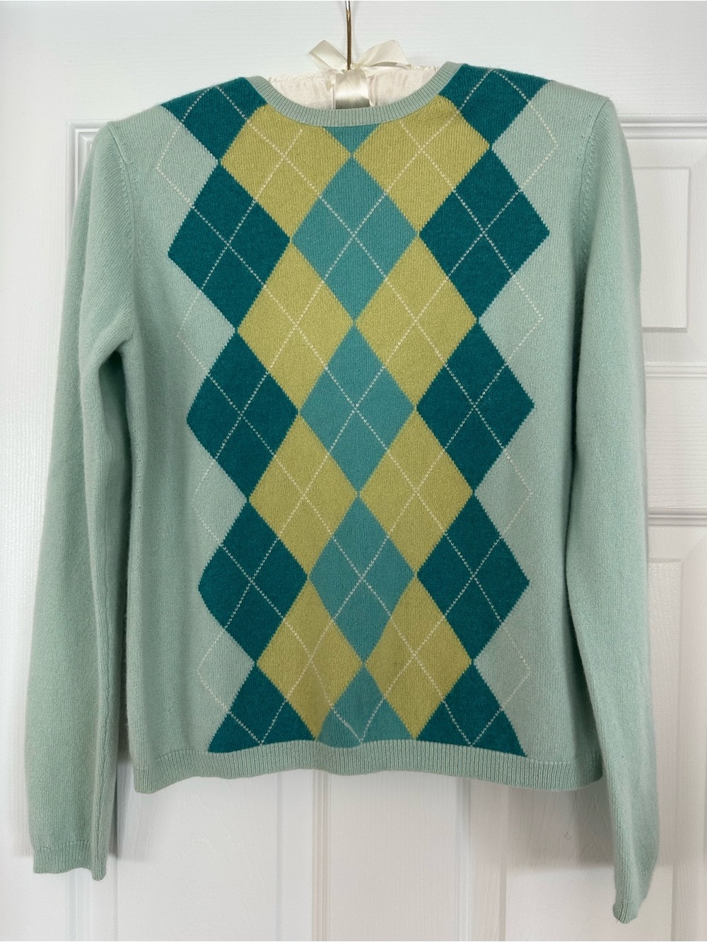 Valerie Stevens Mint Argyle Cashmere Crewneck Sweater,Teal & Chartreuse Diamonds